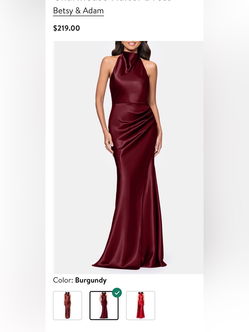 Betsy & Adam Burgundy Halter Satin Evening Gown